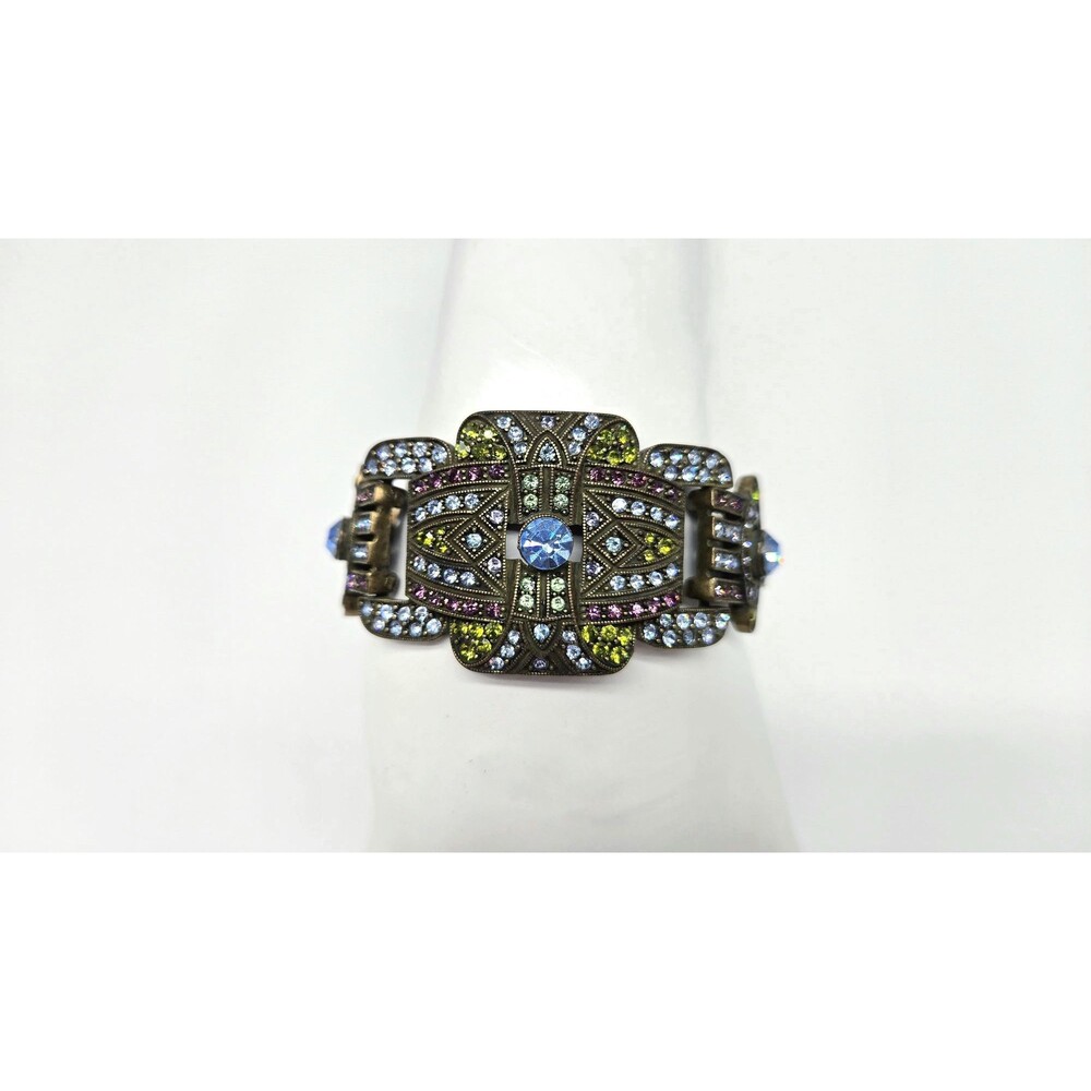 Heidi Daus Art Deco Swarovski Crystal Bracelet Signed Bronze Statement Jewelry